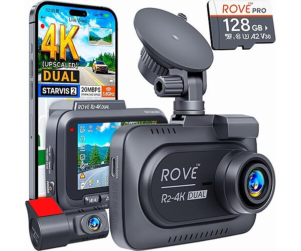 ROVE R2-4K Dual Dash Cam Front and Rear, STARVIS 2 Sensor, Free 128GB Card