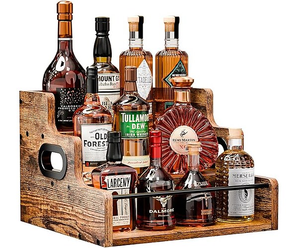 KLM Liquor Bottle Display Shelf, 3 Step Countertop Rack Organizer for Mini Bar
