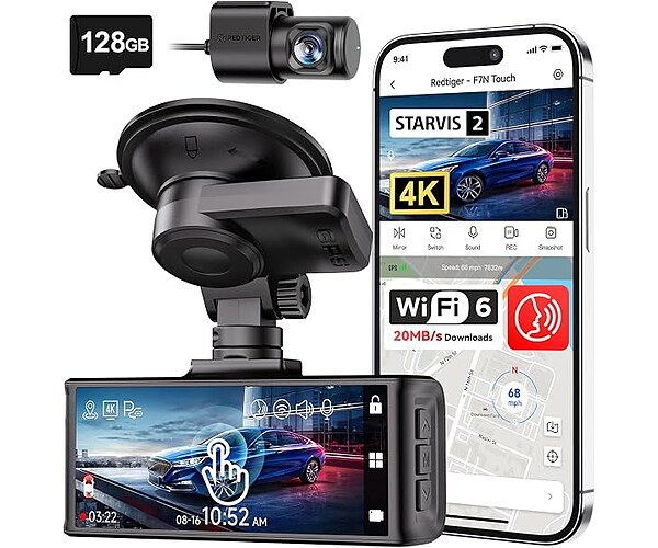 REDTIGER 4K STARVIS 2 Dashcam Front Rear, 5GHz WiFi 20MB/s, Free 128GB Card