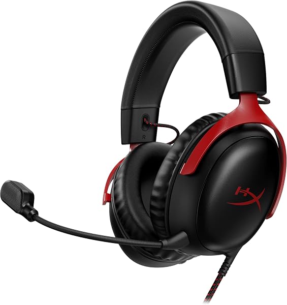 HyperX Cloud III - Wired Gaming Headset, PC, PS5, Xbox Series X|S, Angled 53mm Drivers, Spatial Audio, Memory Foam, Durable Frame, Ultra-Clear 10mm Mic, USB-C, USB-A, 3.5mm - Black/Red